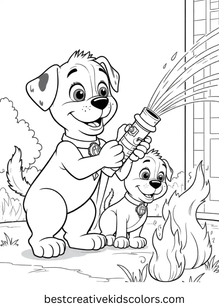 Marshall practices using his hose to put out small fires safely with the pups.