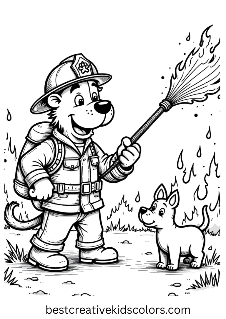 Marshall sprays water to extinguish flames and guide animals to safety.