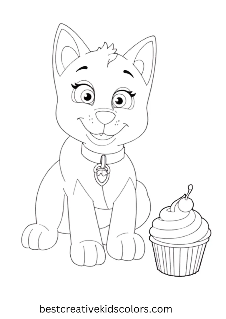 Paw Patrol Coloring Page shows decorating cupcakes for a party. This paw patrol coloring page is fun to color and enjoy as a paw patrol coloring page!