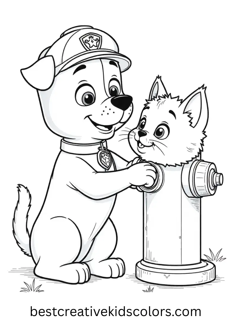 Marshall inspects a playful kitten near a fire hydrant in Marshall Paw Patrol Coloring page.