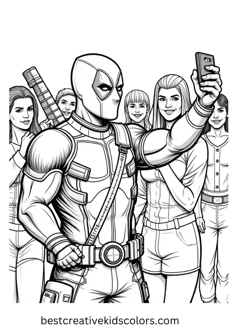 Capture Deadpool posing with fans for selfies at a chaotic comic convention.