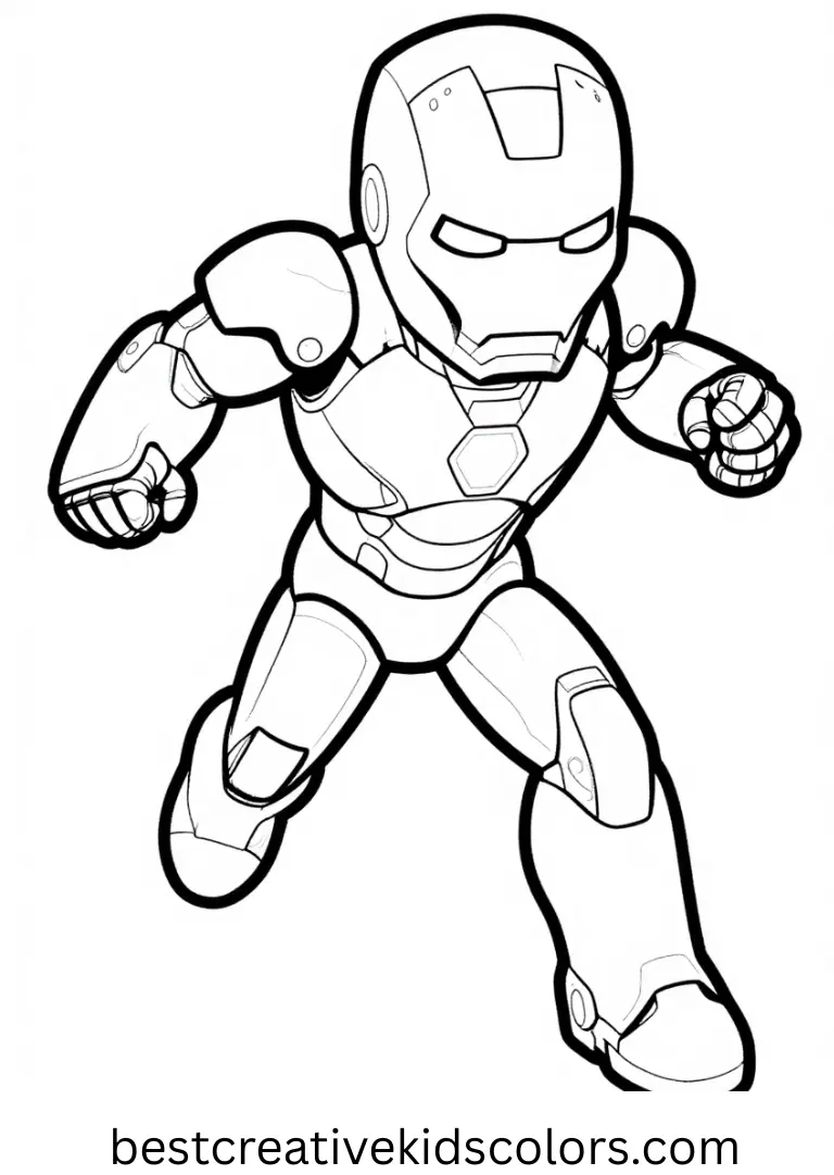 Iron Man charges a beam midair in Marvel Iron Man coloring pages with a clean, unobstructed background.