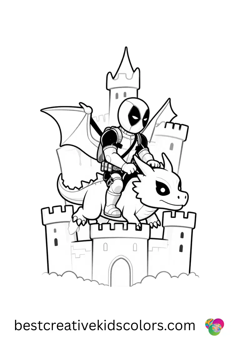 Deadpool rides a friendly dragon flying over castles in Marvel deadpool coloring pages disney.