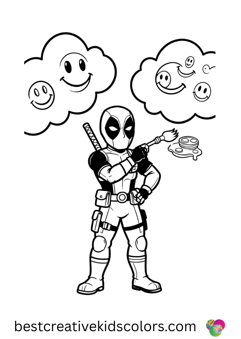 Deadpool paints smiley faces on giant clouds floating above in Marvel deadpool coloring pages easy.