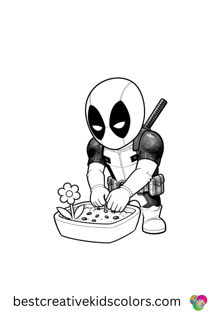 Marvel deadpool coloring pages pdf free download features Deadpool planting flowers in a garden.
