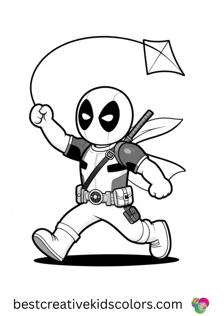 Marvel deadpool coloring pages pdf shows Deadpool flying a kite at the park on a windy day.