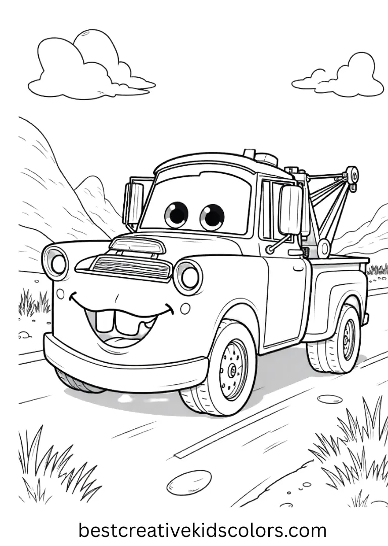 Mater’s Tow Truck Adventure Disney Coloring Sheet Help Mater on fun car adventures with playful Disney Coloring Pages for kids.