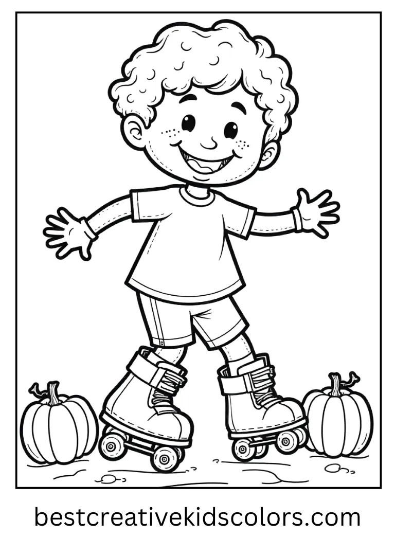 Max Mayfield Roller Skate Coloring Page Max skates past pumpkins with a big smile.