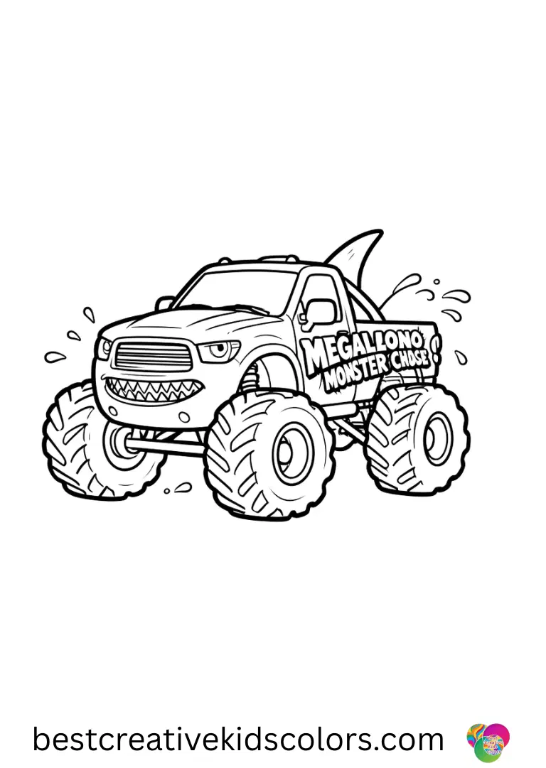 A shark truck skims around a stadium. Wide shapes make coloring simple and fun.