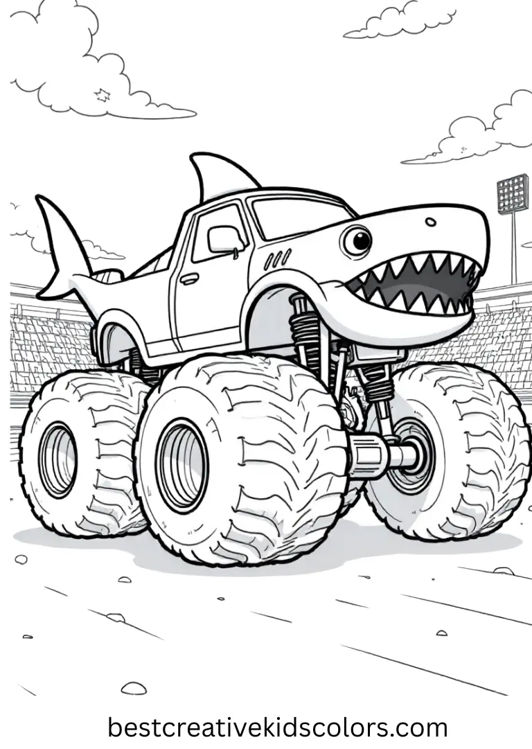 A shark-themed truck glides around a stadium track. Open shapes and bold lines help beginners color easily.