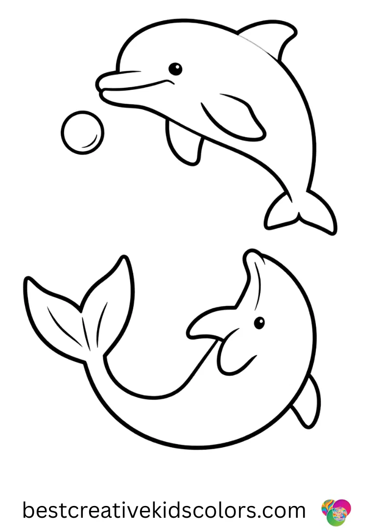 Mermaid and Dolphin coloring pages depict a mermaid tossing a pearl as a dolphin leaps to catch it mid-air.