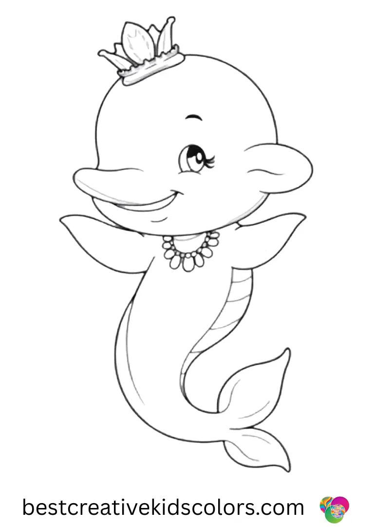Mermaid dolphin with sparkling seashell necklace coloring page download depicts a dolphin presenting a small shell crown proudly.