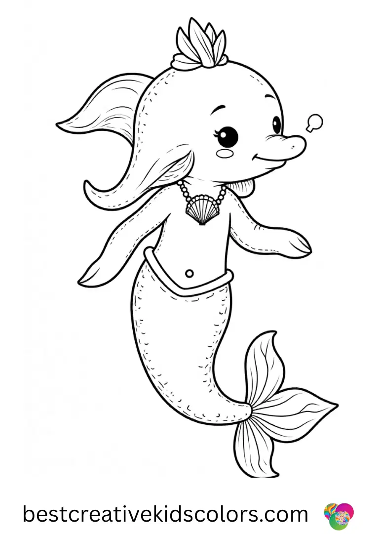 A dolphin nudges a seashell necklace gently into place in Mermaid dolphin with sparkling seashell necklace coloring page easy.