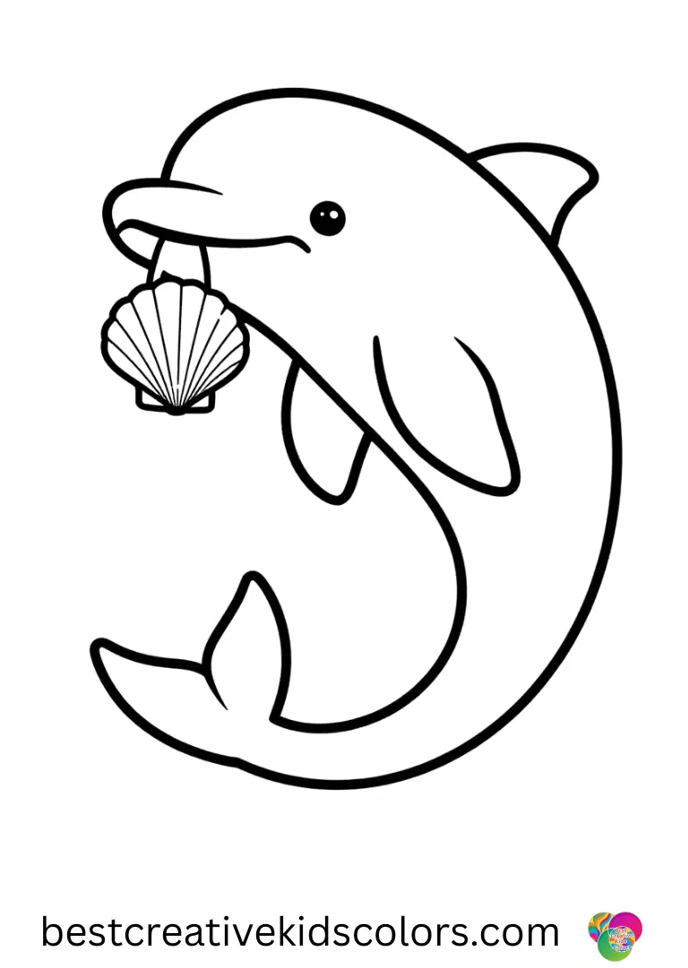 Mermaid dolphin with sparkling seashell necklace coloring page free shows a dolphin lifting a shiny seashell carefully.