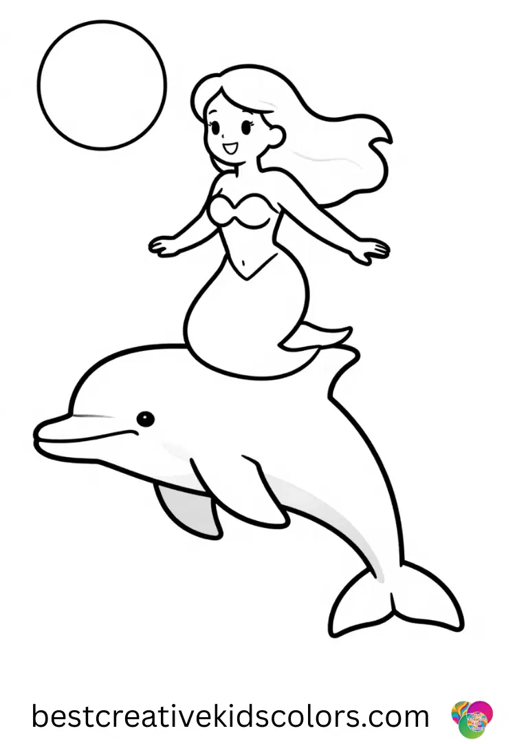 Mermaid riding dolphin coloring page features a mermaid gliding atop a dolphin under a moonlit sky.
