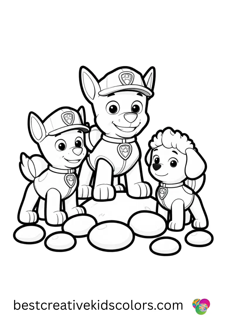 The team examines a small hill of smooth stones in Mighty Paw Patrol Coloring Pages.