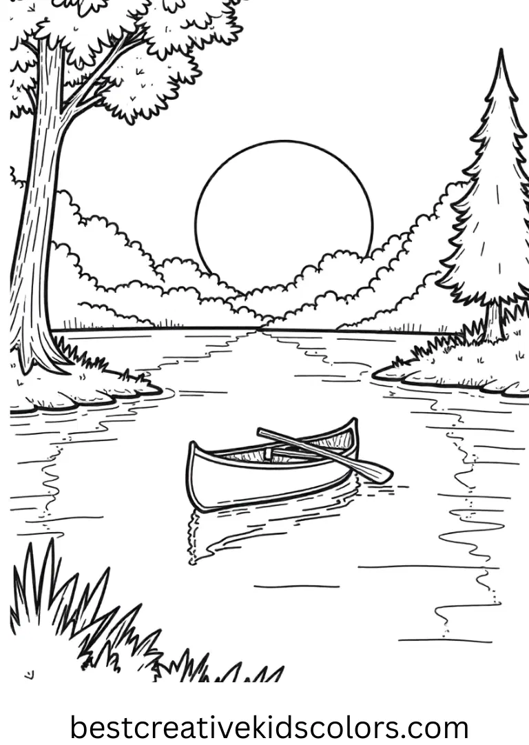Mindful Autumn Colouring shows a calm lake reflecting a small canoe drifting at sunset.