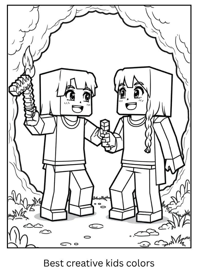 Minecraft Coloring Page – Alex and Friend Mine Together