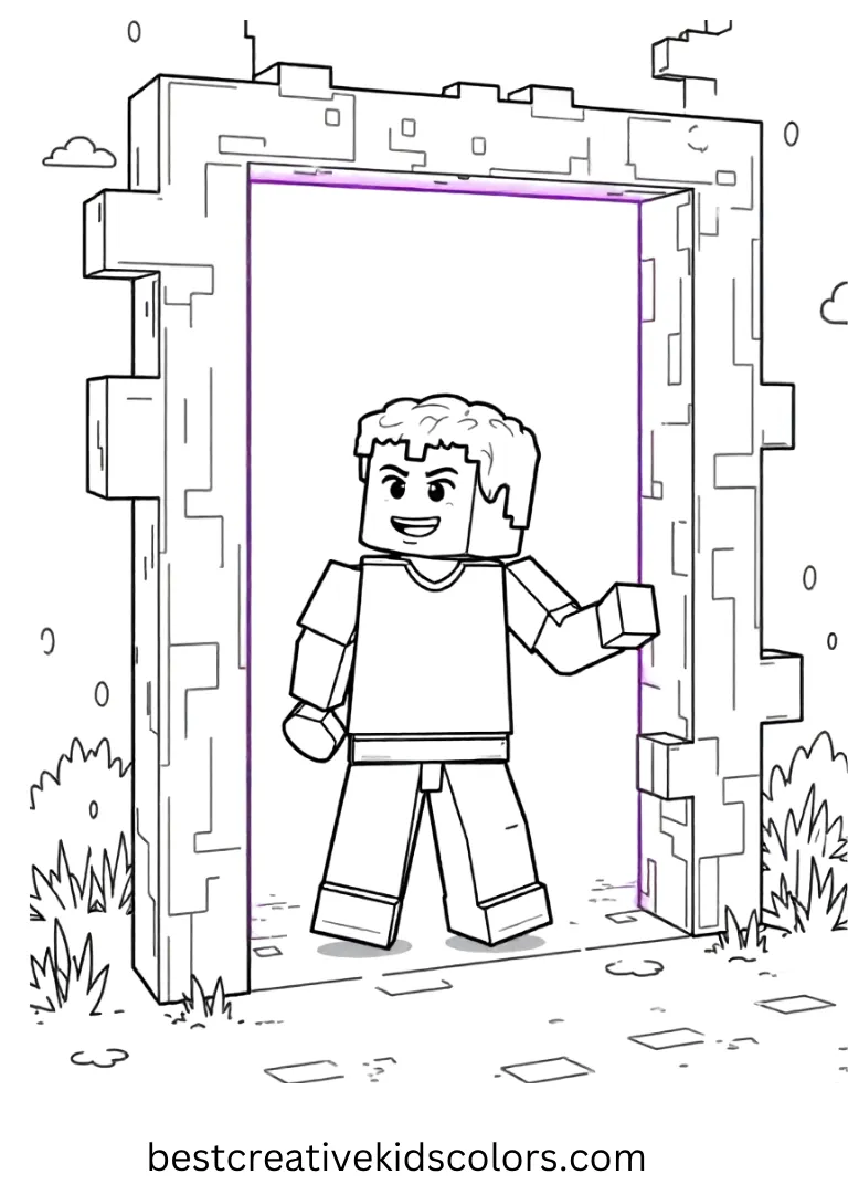 Steve steps through a glowing purple frame.