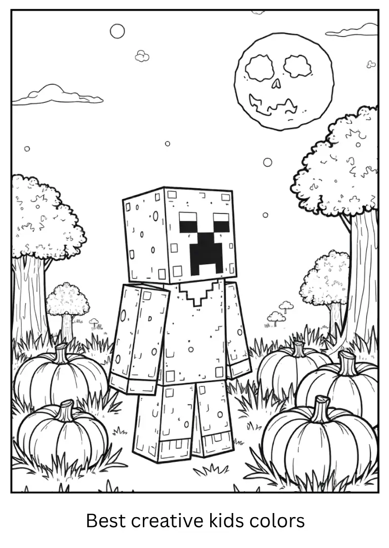 Minecraft Coloring Page – Halloween Night Scene