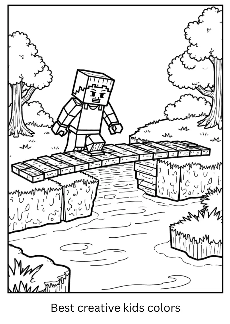 Minecraft Coloring Page – Player Builds a Bridge