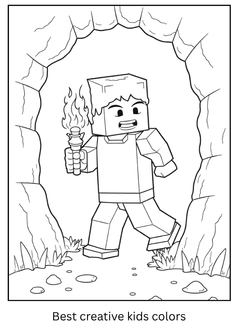 Minecraft Coloring Page – Steve Explores a Dark Cave