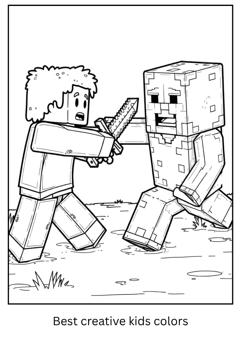 Minecraft Coloring Page – Steve Fights a Creeper