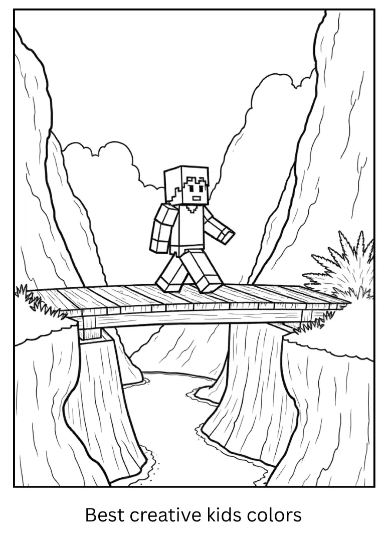 Minecraft Coloring Page – Steve Walks Across a Bridge