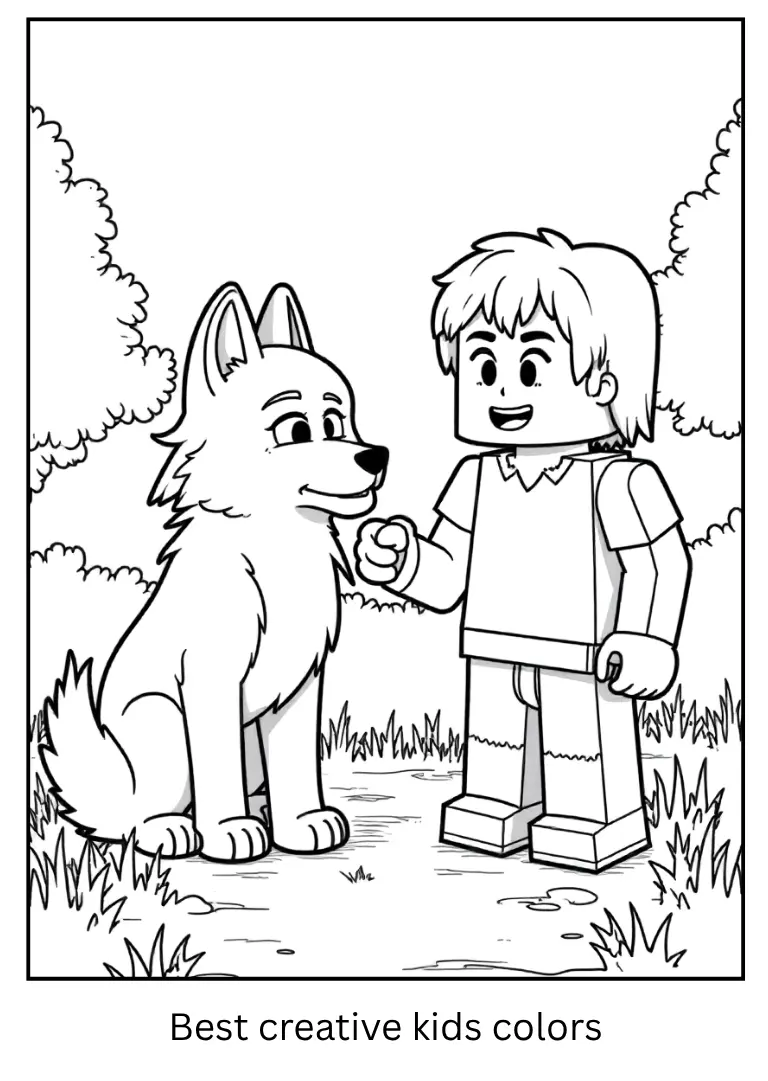 Minecraft Coloring Page – Wolf Sitting by Steve