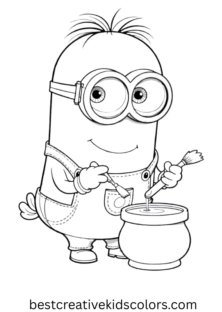 Minion coloring pages PDF shows a minion dipping a paintbrush into a small paint pot