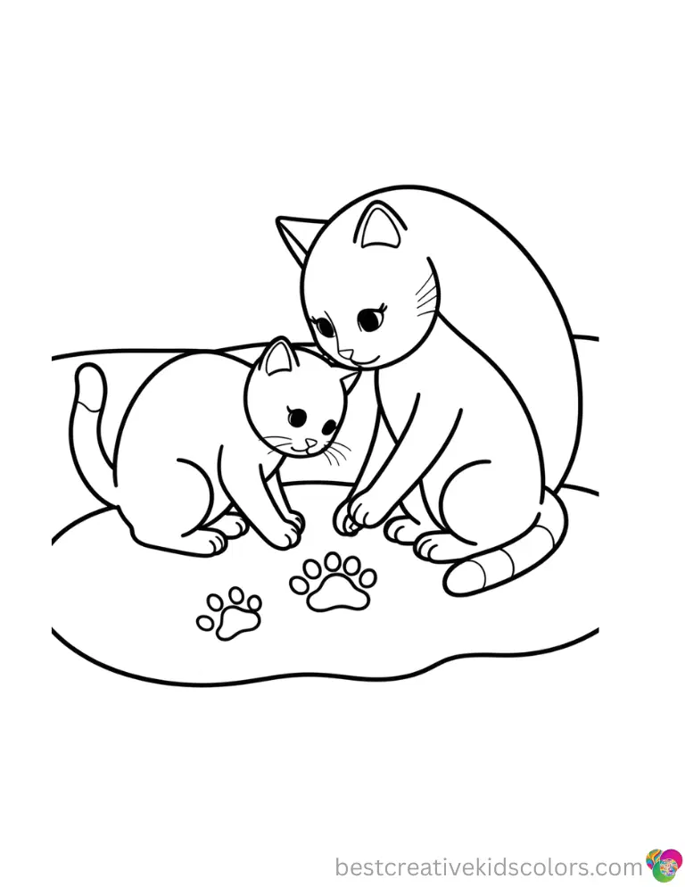 Mom and baby Cat Coloring pages shows a mom teaching paw prints in soft beach sand.
