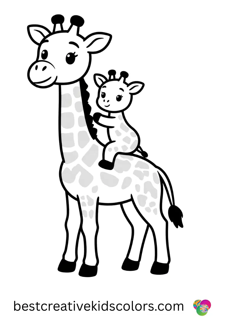 Mom and baby Giraffe coloring page captures the baby climbing onto its mother’s back playfully.