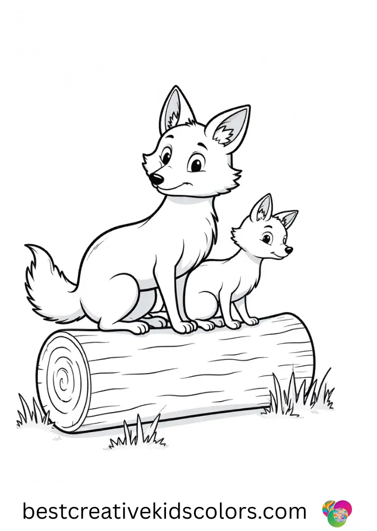 Mom and baby fox coloring page shows a mother fox teaching her cub to climb a log.