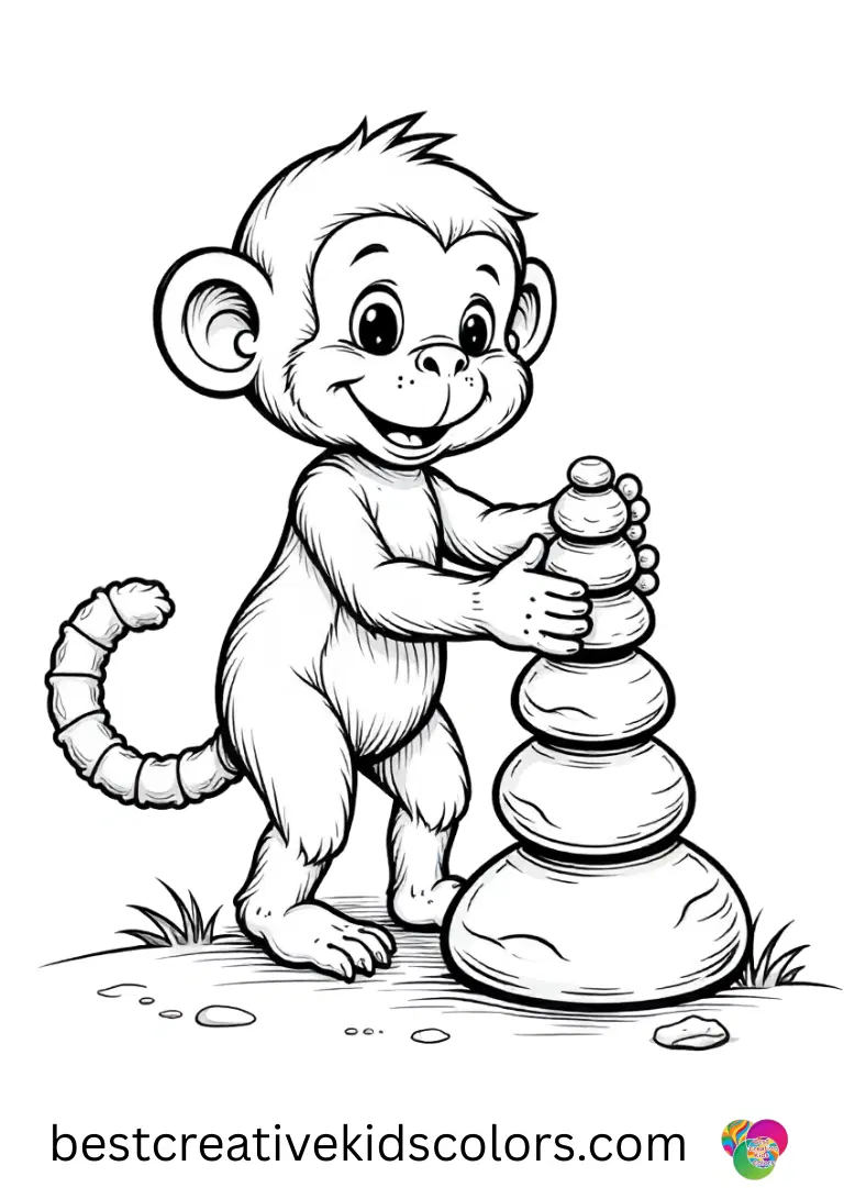 Monkey coloring pages PDF shows a monkey stacking smooth river rocks into a miniature tower
