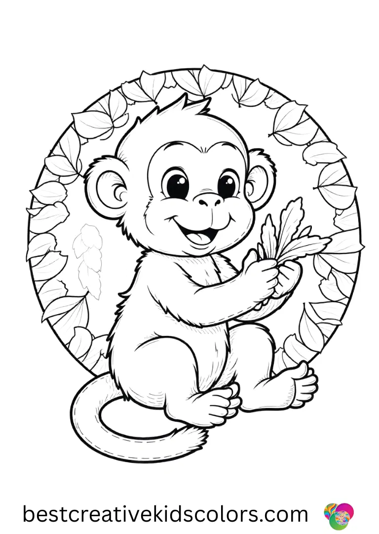 A monkey weaving leaves into a circular pattern is featured in Monkey coloring pages for adults
