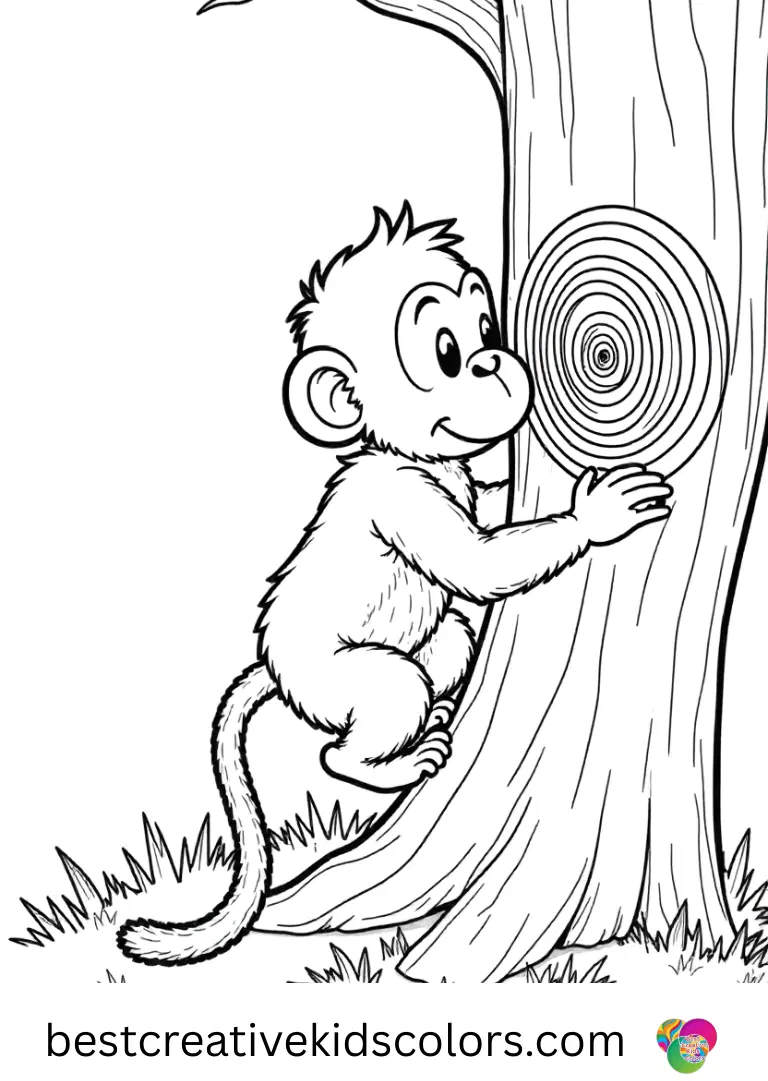 Monkey colouring Pages printable shows a monkey painting concentric circles on a tree trunk