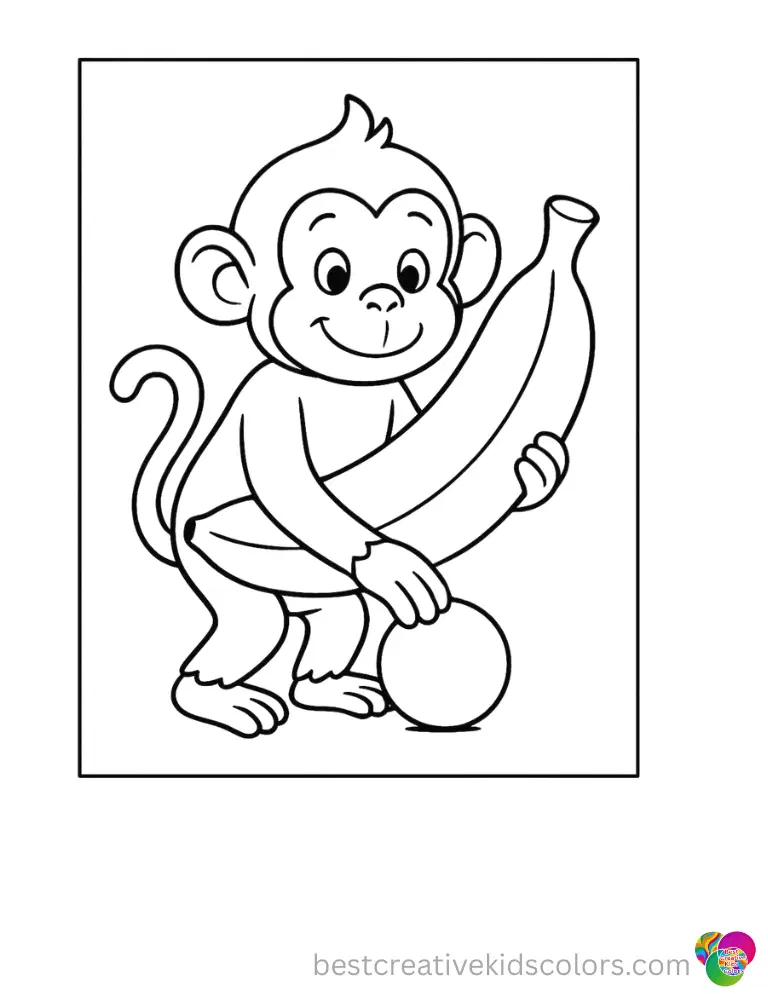 Monkey holding a giant banana coloring pages free shows a monkey rolling a small ball carefully across the ground