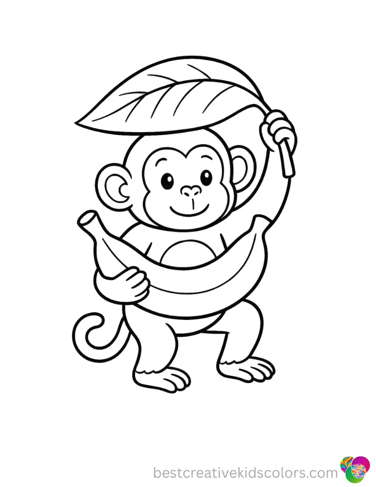 A monkey lifts a large leaf to shade itself in Monkey holding a giant banana coloring pages pdf