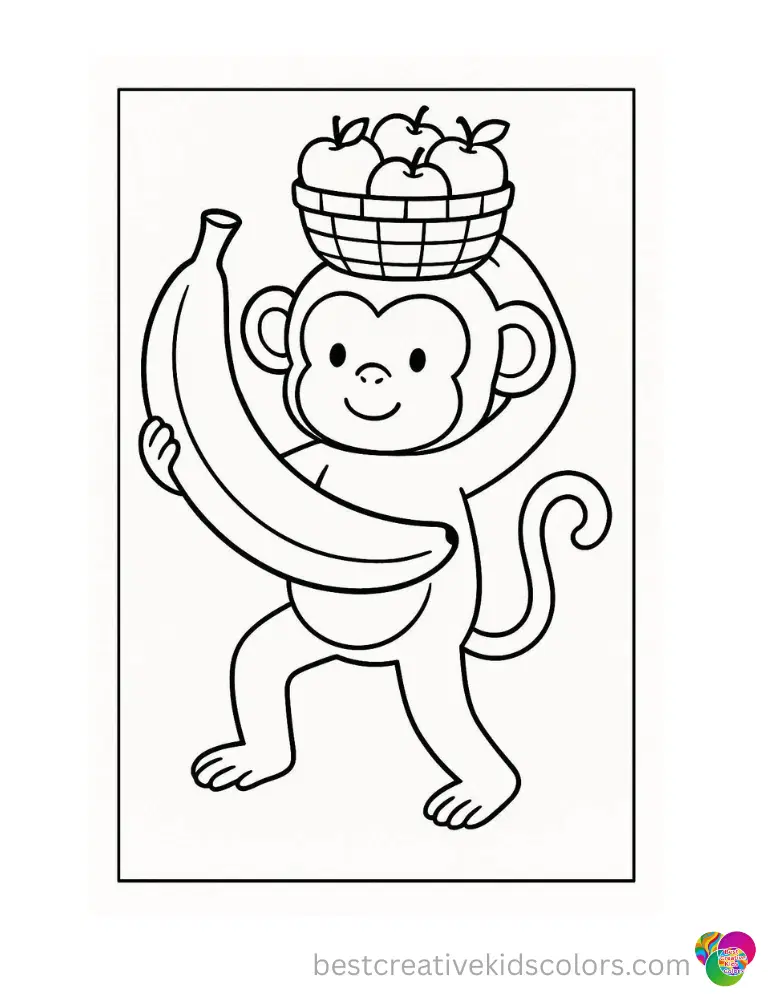 Monkey holding a giant banana coloring pages printable shows a monkey balancing a basket of apples on its head
