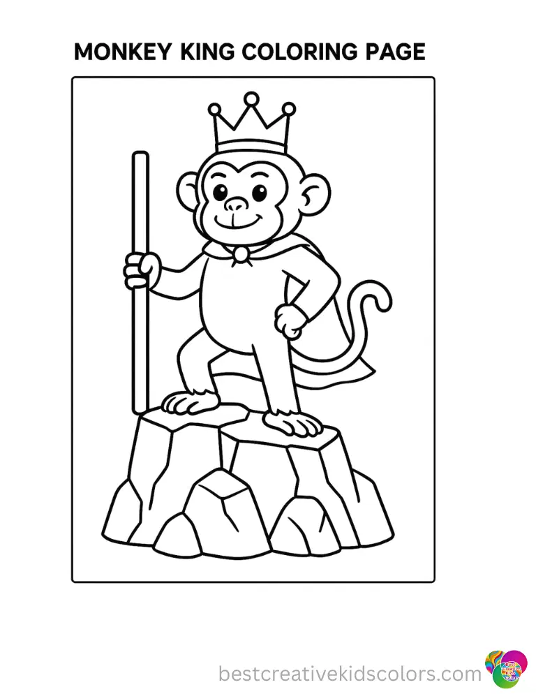 Monkey king coloring pages shows a crowned monkey standing proudly on a rocky pedestal