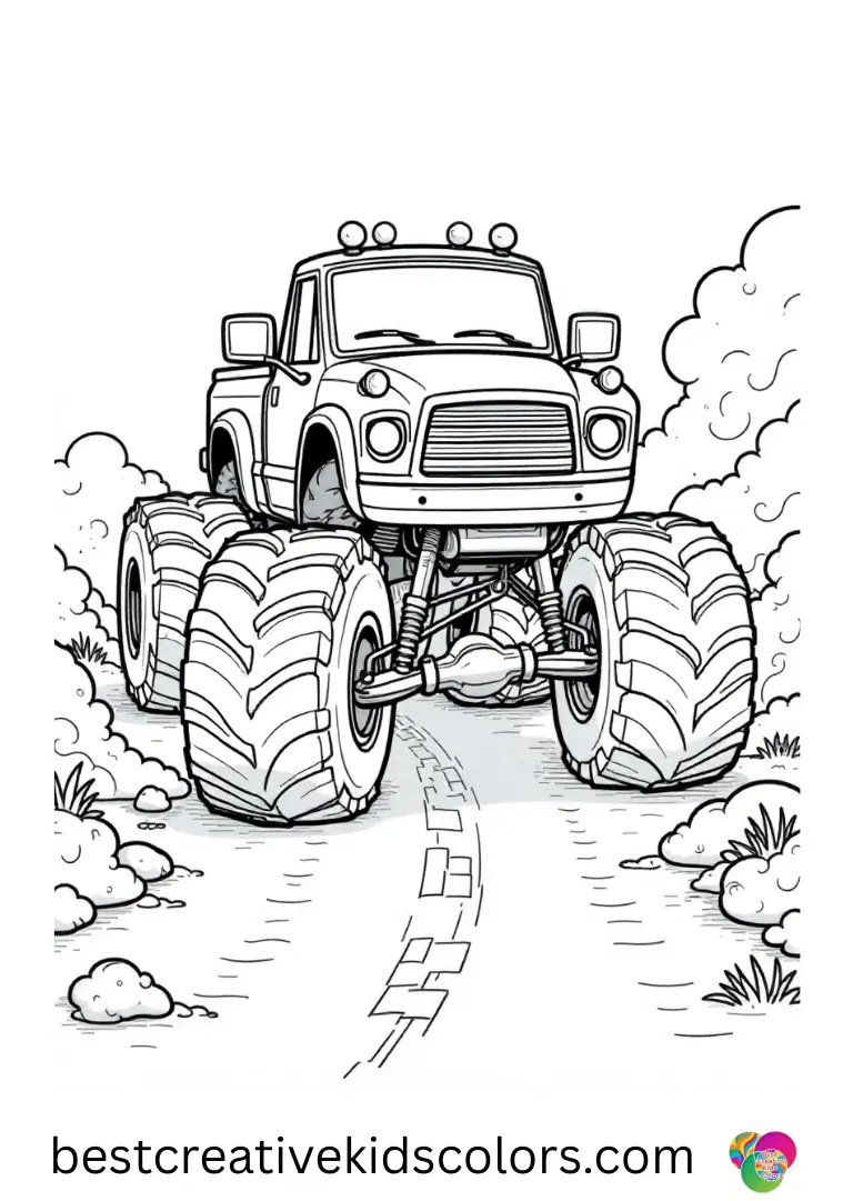 A monster-faced truck rolls along a trail. Bold outlines make it easy for kids to color.