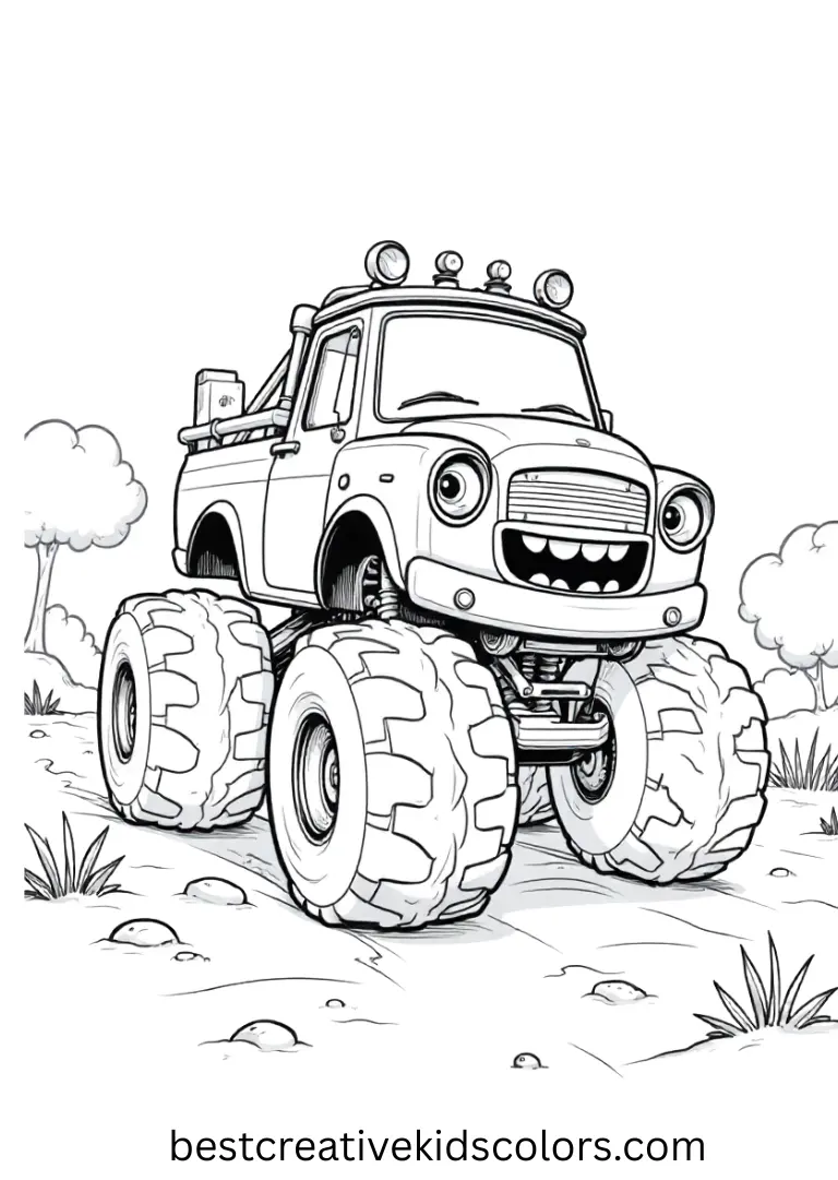 A monster-faced truck rolls carefully along a trail. Clear outlines make it perfect for young colorers.