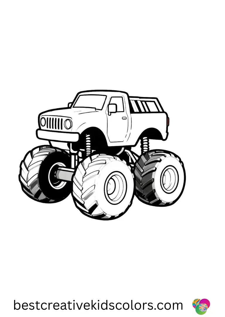 A cheerful truck moves along a stadium floor. Clean outlines provide an easy coloring experience.