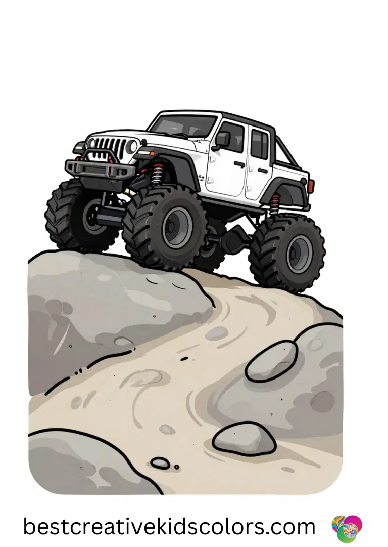 A jeep truck climbs rocks on a smooth trail. Simple outlines make coloring stress-free.