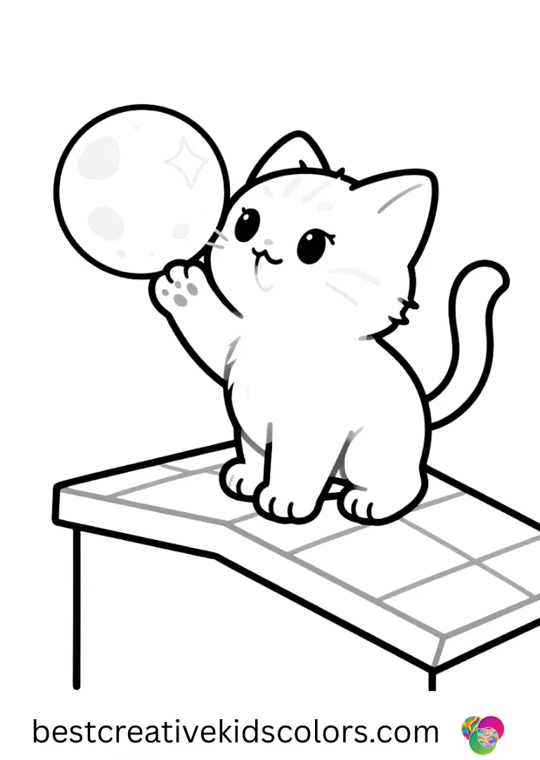 In Moonlit rooftop kitten coloring page free, a curious kitten sniffs a sparkling moonbeam.
