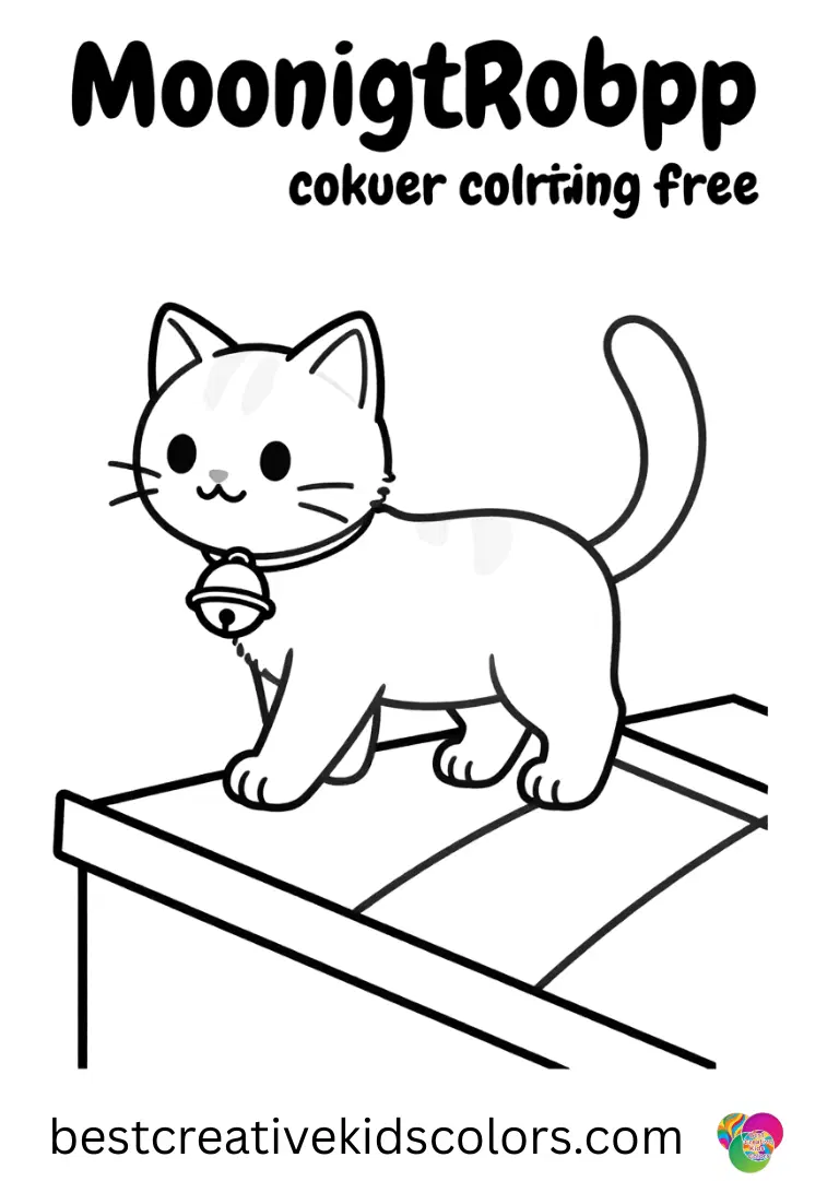A kitten jingles tiny bells while walking across a quiet rooftop in the Moonlit rooftop kitten coloring page pdf free.