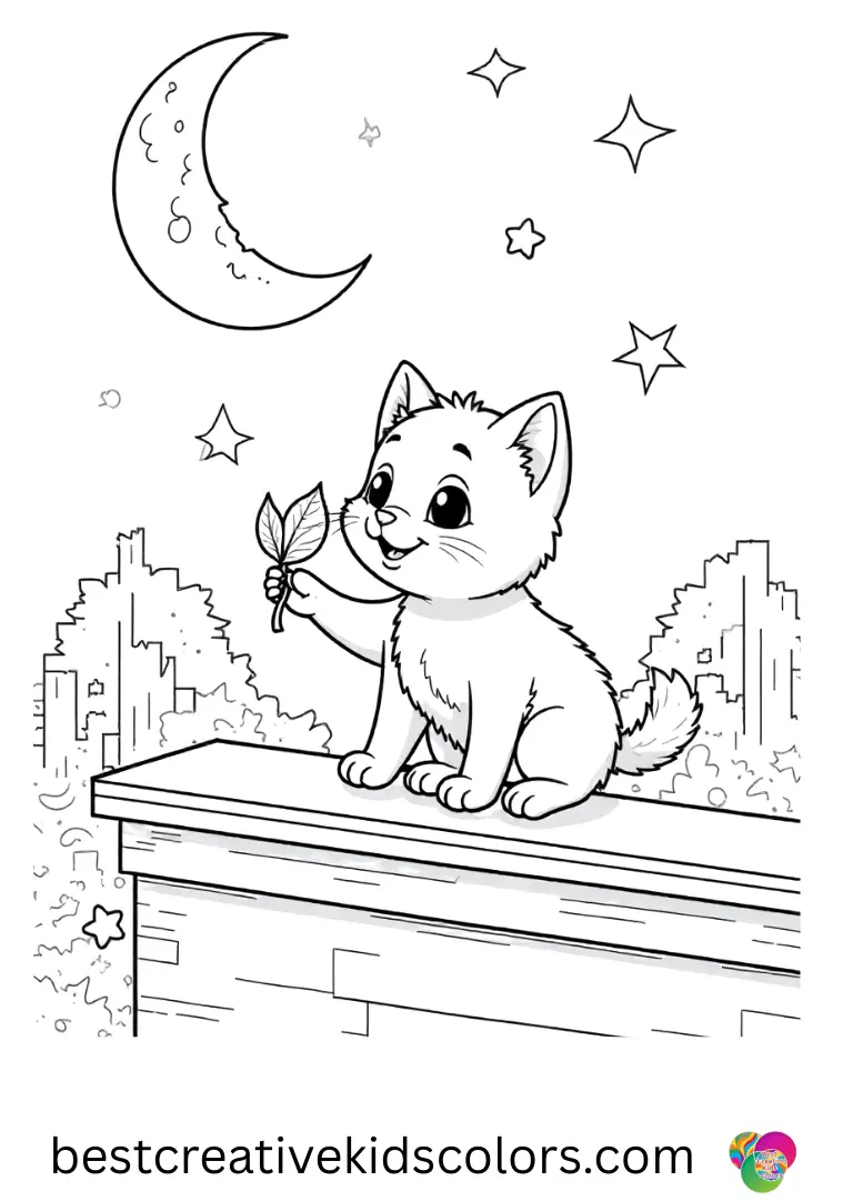 Stars sparkle above as a kitten bats at a drifting leaf in the Moonlit rooftop kitten coloring page pdf.