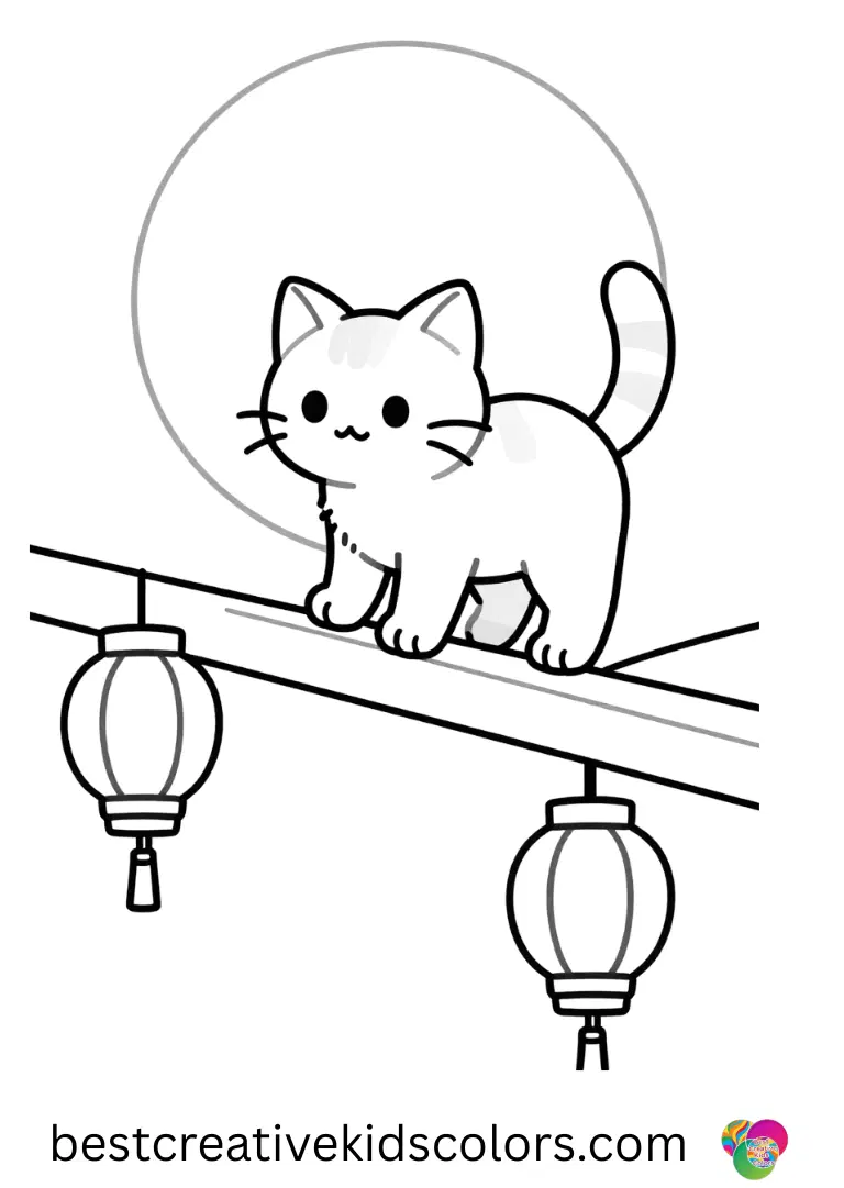A tiny kitten balances on a rooftop railing under glowing lanterns in this Moonlit rooftop kitten coloring page printable.