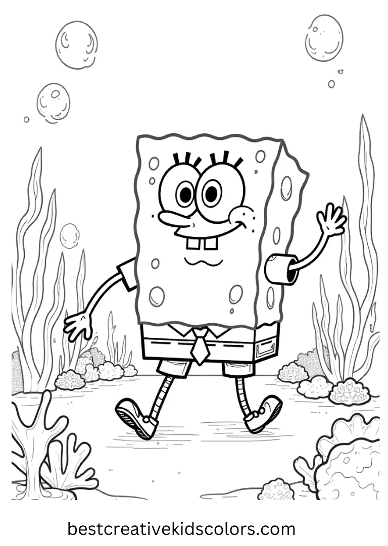 SpongeBob walks past coral reefs in a peaceful scene filled with fun open space.