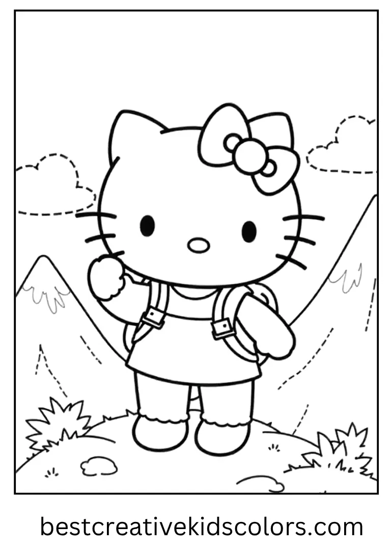 Mountain Hiking Hello Kitty Adventure Page She wears a backpack and waves while climbing near rounded mountain shapes.